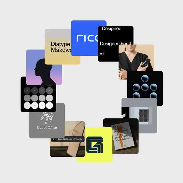 Circular ring collage of brand-project thumbnails, minimal, geometric, light