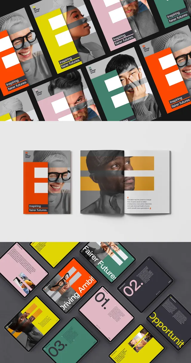 College-group identity with overlapping E and white square, editorial, corporate-clean, vibrant