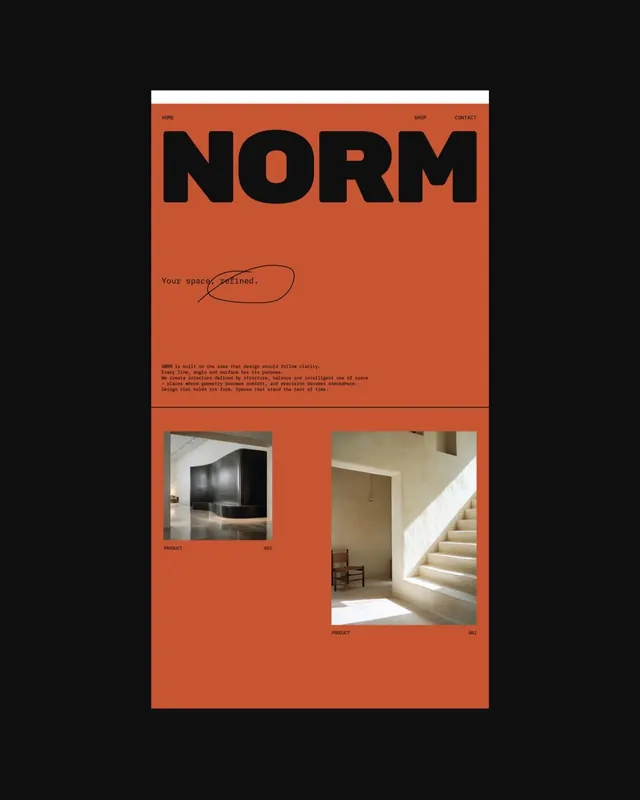 NORM interior-studio landing page in burnt orange, minimal, editorial, warm
