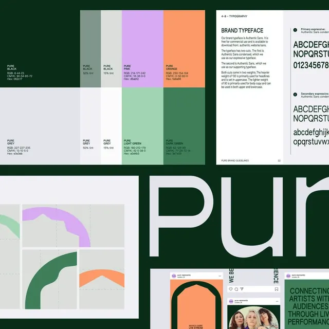 Pure brand guidelines color and type pages, minimal, swiss, vibrant