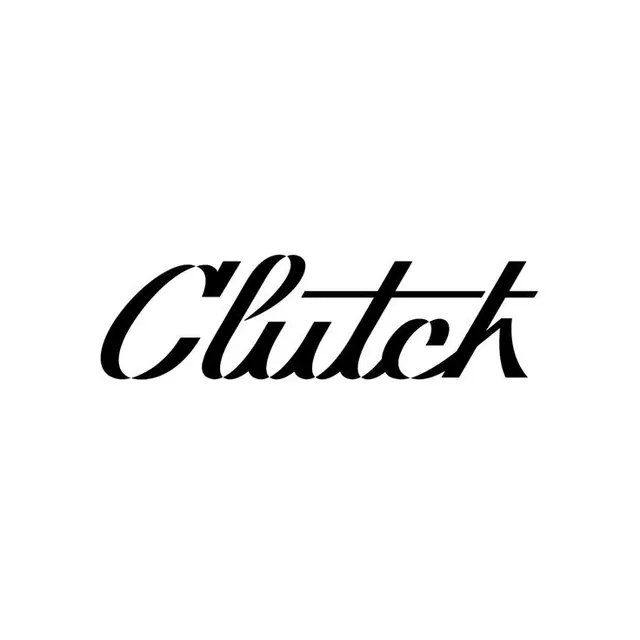 Clutch' script wordmark with a struck-through crossbar, minimal, luxury, monochrome
