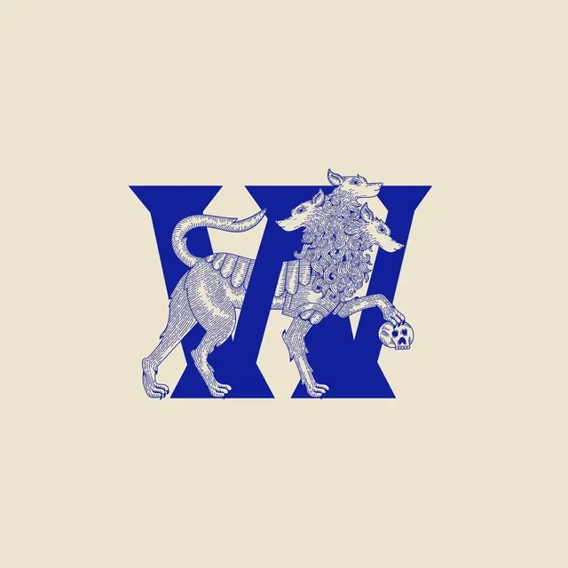 Three-headed beast in a serif W monogram, illustrated, line-art, light