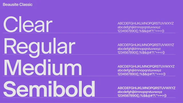 Beausite Classic weight specimen on purple, minimal, swiss, vibrant