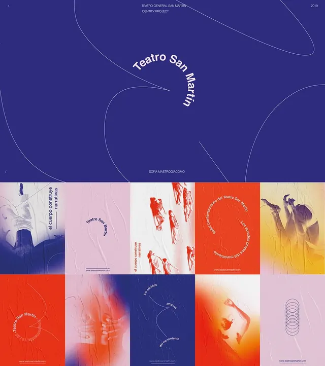 Teatro San Martín identity: curved type over body grid, editorial, abstract, vibrant