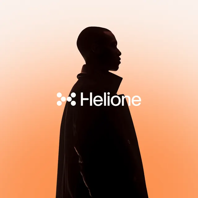 Helione: dark figure silhouette on a cream-to-orange gradient, minimal, gradient-heavy, warm