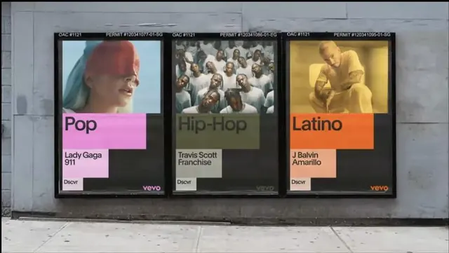 Music poster series with color-blocked genre labels, editorial, minimal, muted