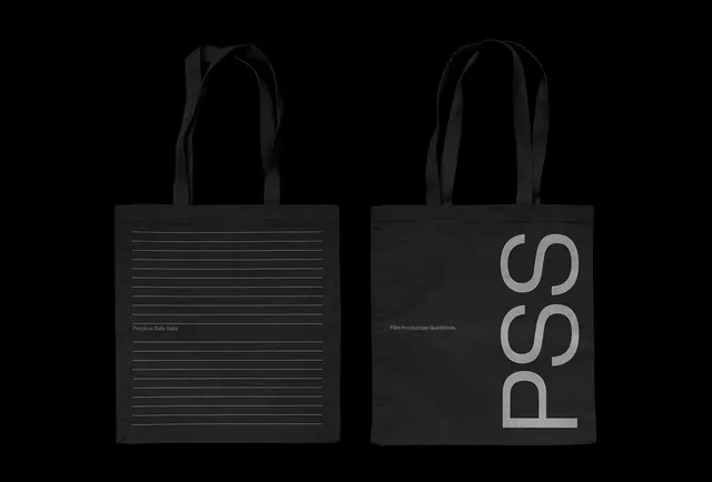 PSS black tote bag front-and-back, minimal, monochrome, dark