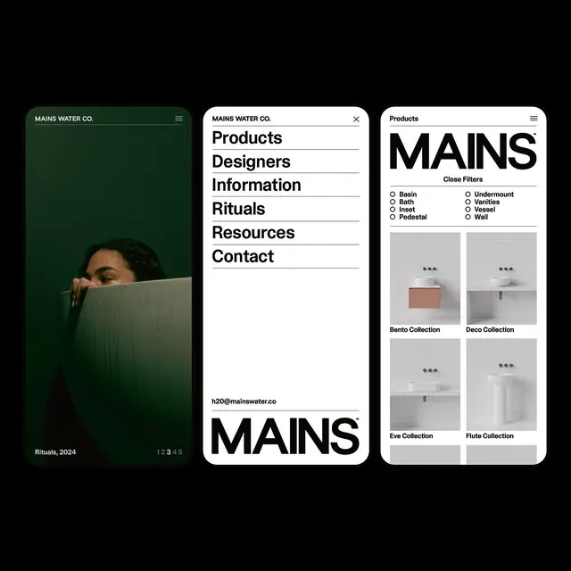 MAINS Water Co. mobile UI with bold MAINS wordmark, minimal, editorial, dark