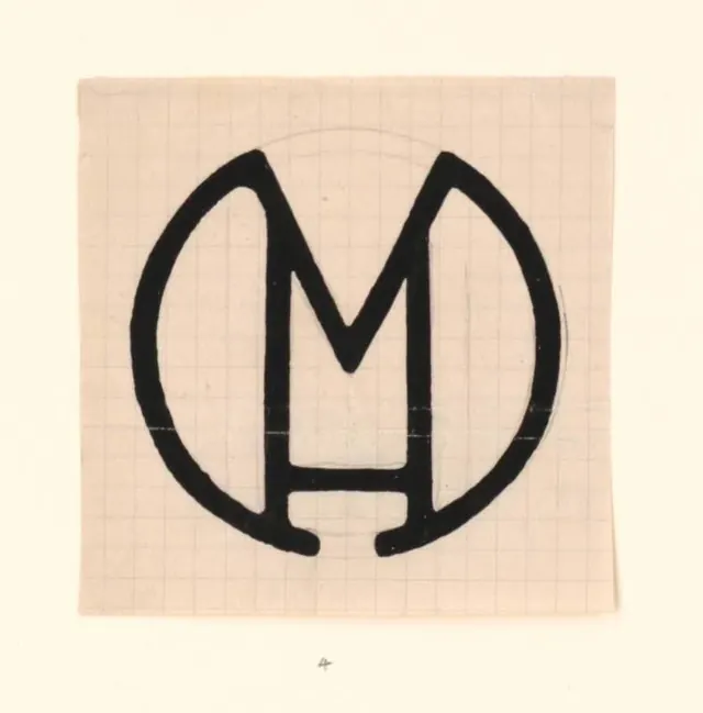 Hand-inked M monogram in a circle, minimal, line-art, light