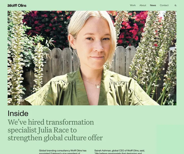 Sage-green news page with full-bleed portrait and serif headline, editorial, minimal, light