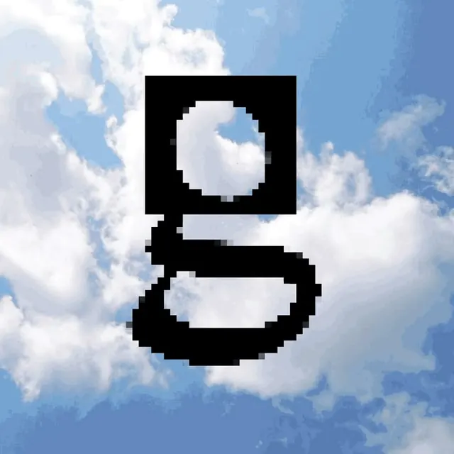 Pixelated black g over a sky photo, retro, minimal, cool