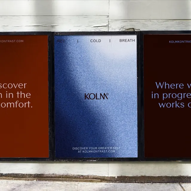 KOLM hot-cold-breath poster trio, minimal, editorial, duotone