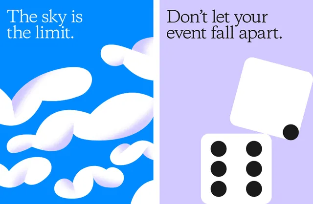 Paired poster ads with serif headlines and abstract shapes, editorial, abstract, vibrant