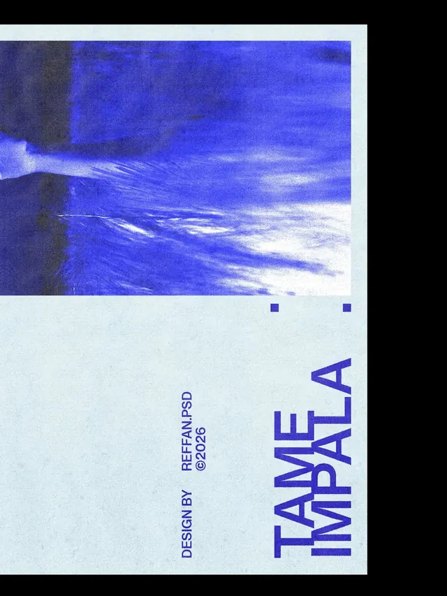 Blue duotone music poster with rotated type, editorial, brutalist, duotone