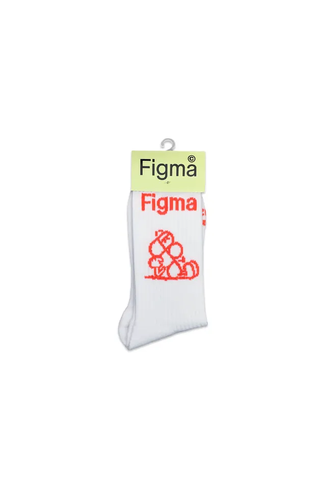 Figma-branded crew sock in lime header packaging, minimal, flat, light