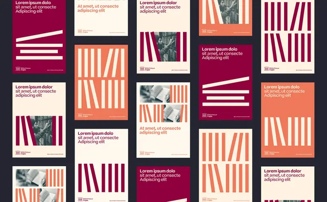 Maroon and coral poster system with striped barcode motif, editorial, geometric, warm