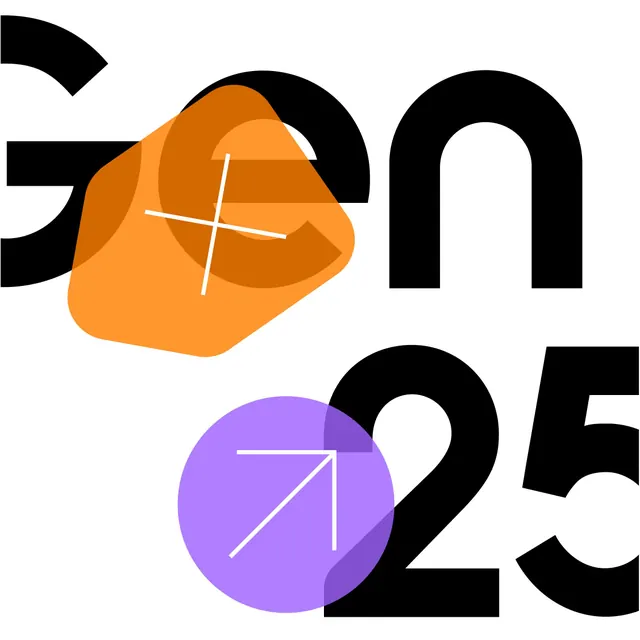 GEN 25 black type with translucent orange and purple shapes, geometric, abstract, light