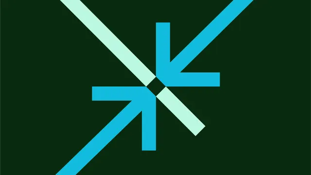 Converging-arrows logomark on forest green, geometric, minimal, dark