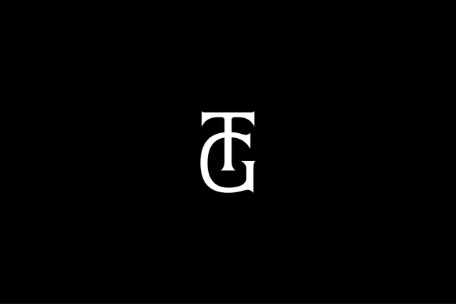 TG interlocked serif monogram on black, minimal, monochrome, dark
