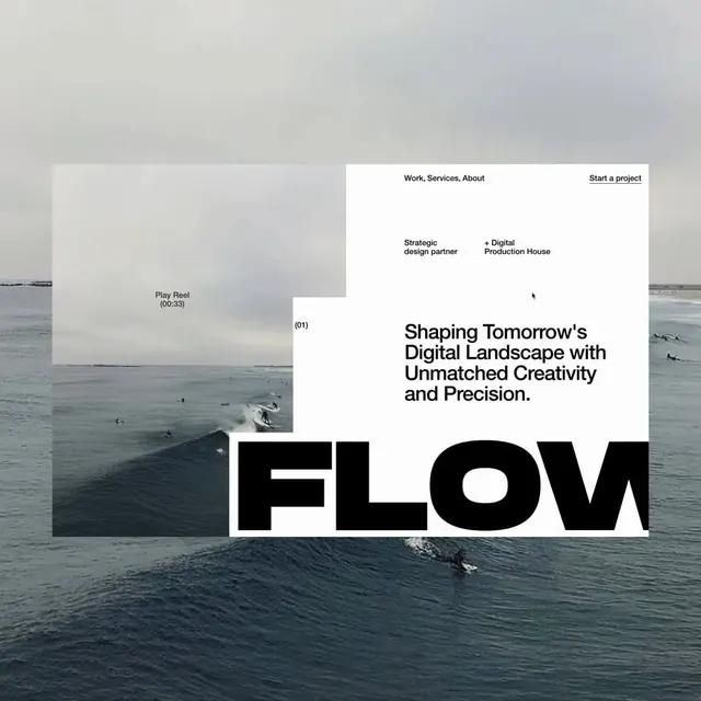 FLOW agency hero over surf footage, minimal, corporate-clean, light