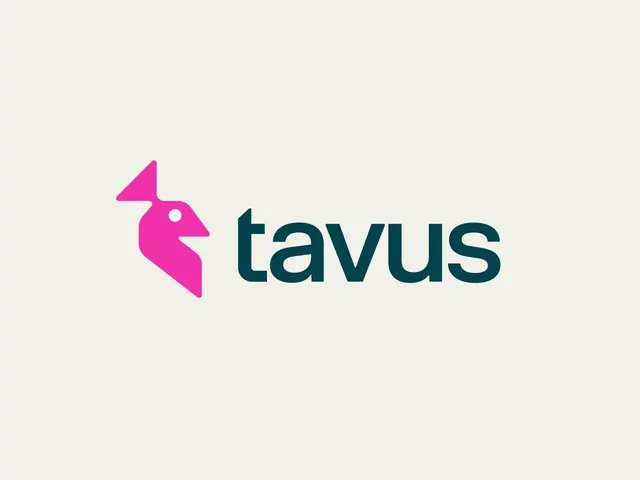 Tavus magenta bird mark and teal wordmark, minimal, geometric, vibrant