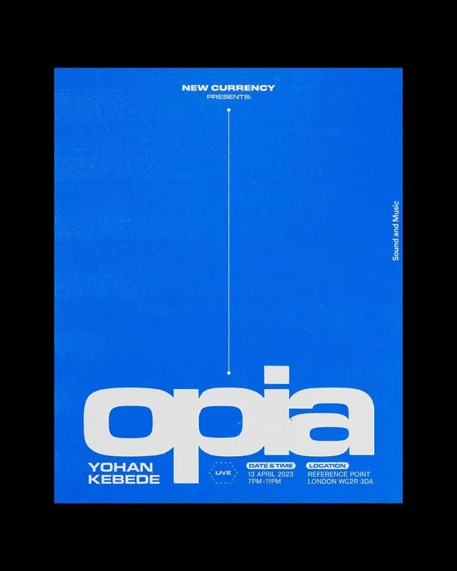 Opia event poster: white wordmark anchoring a tall blue field, minimal, swiss, vibrant