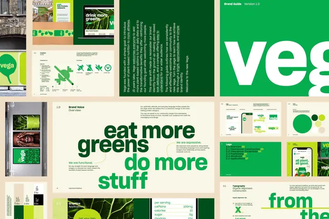 Vega brand guidelines grid in green and cream, editorial, corporate-clean, vibrant