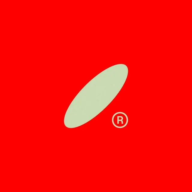 Pale ellipse logo on flat red, minimal, geometric, warm