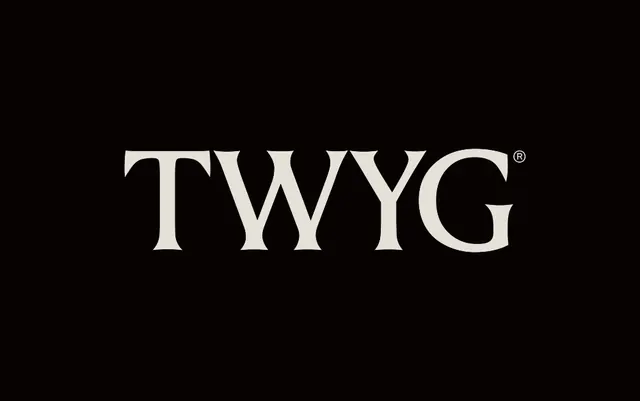 TWYG serif wordmark on black, minimal, editorial, dark