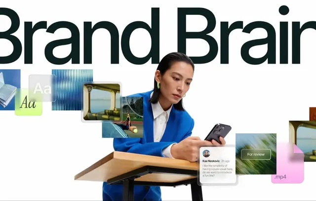 Brand Brain hero with floating asset cards, corporate-clean, minimal, light