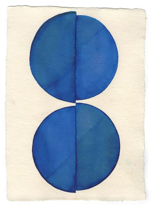 Blue watercolor split circles on paper, minimal, abstract, light