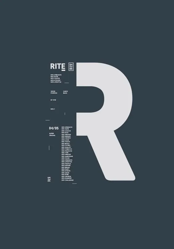 RITE giant-R typographic poster, editorial, swiss, dark