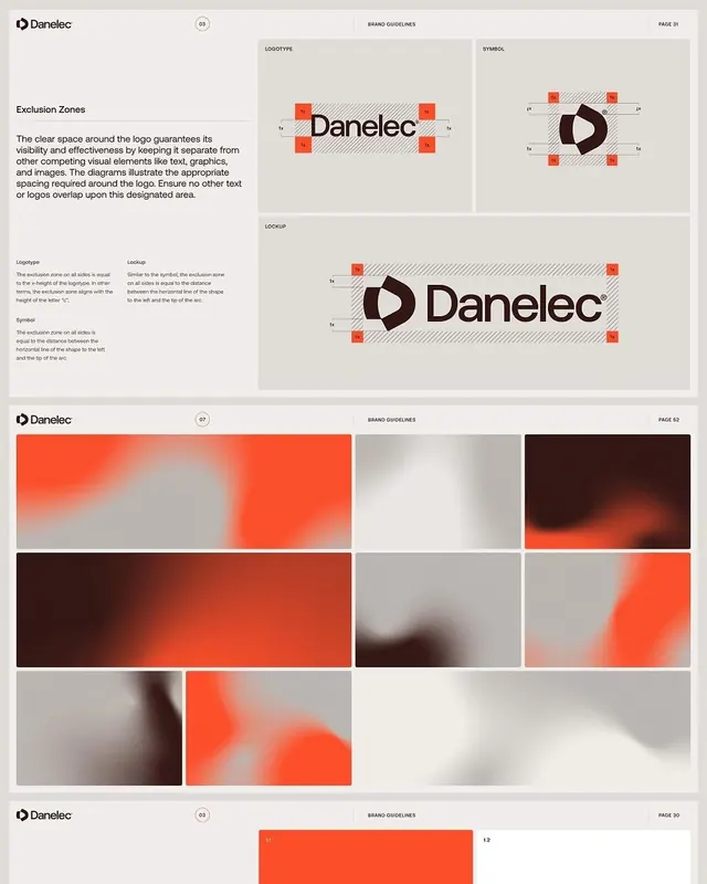 Danelec brand guideline pages: exclusion zones and gradient swatches, minimal, corporate-clean, light