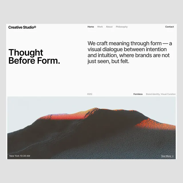 Creative-studio site hero with 3D terrain render, editorial, minimal, light