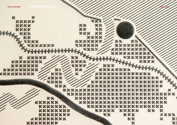 Embroidered map-pattern thesis cover, minimal, abstract, light