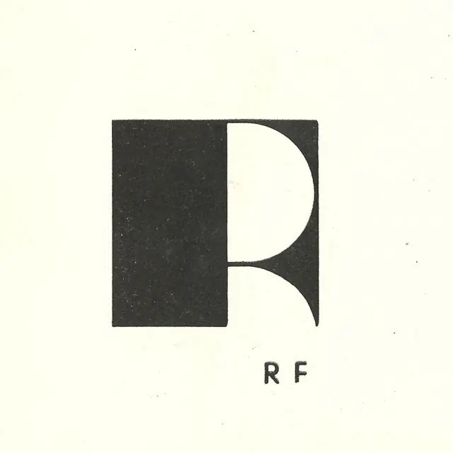 RF negative-space monogram in a square, minimal, geometric, light