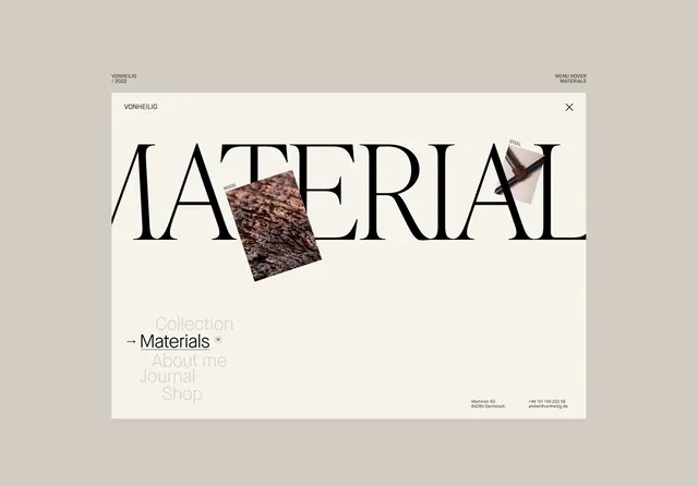 Oversized serif menu overlay with material photo crops, editorial, minimal, light