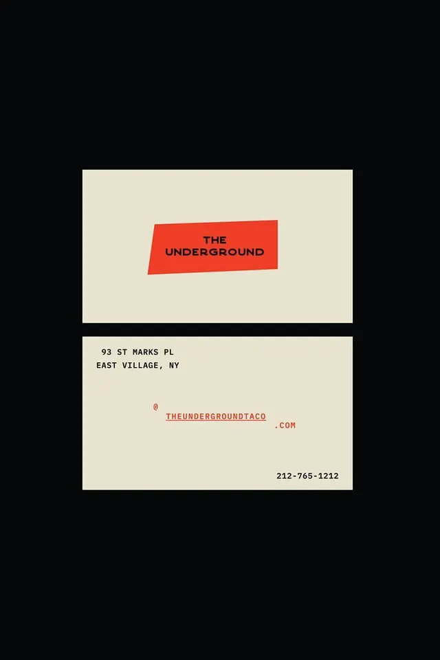 The Underground taco business card, two-up, minimal, swiss, dark