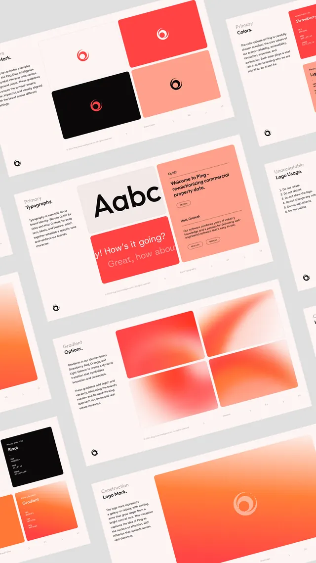 Coral brand guideline boards in isometric layout, minimal, gradient-heavy, warm