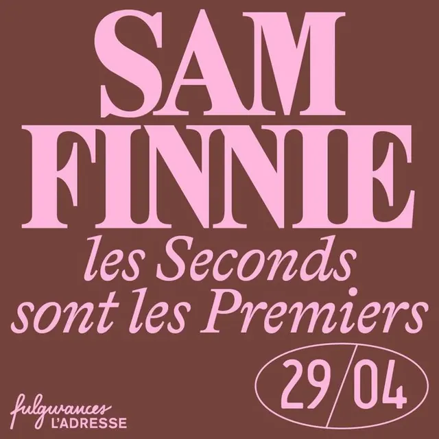 SAM FINNIE pink-on-brown event poster, editorial, minimal, warm