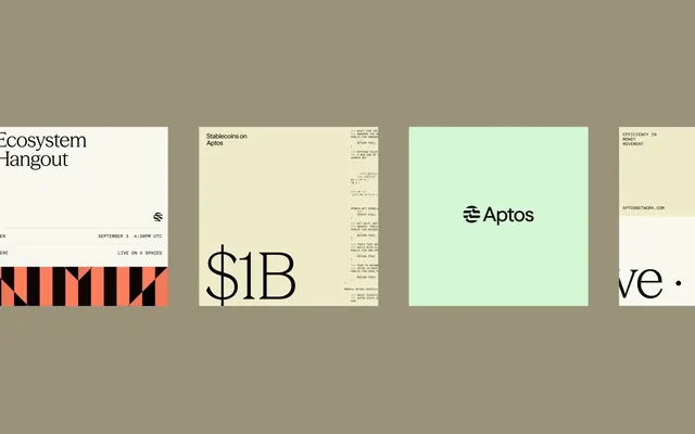 Aptos crypto brand social-card set, minimal, corporate-clean, muted
