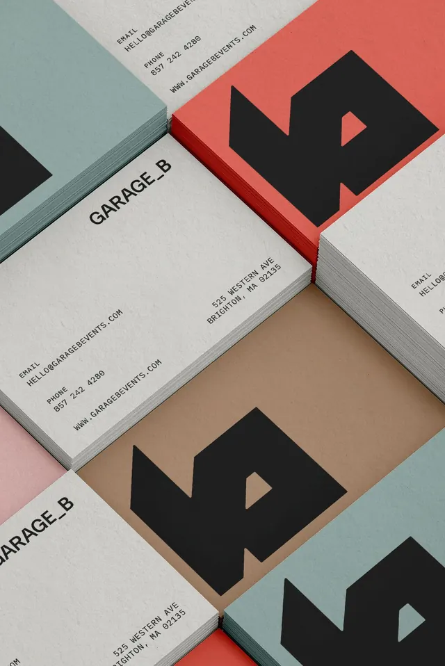 Garage_B business cards in an isometric tiled grid, minimal, geometric, warm