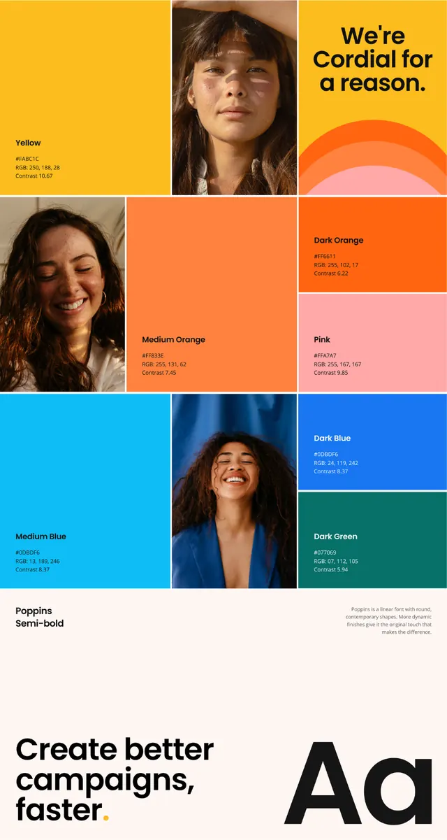 Cordial color-block brand board with portraits, minimal, corporate-clean, warm