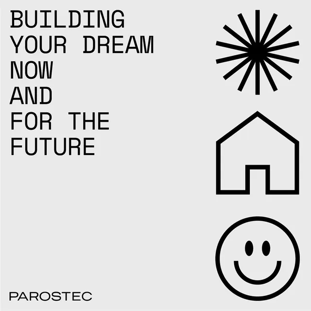 Bold-caps slogan with line-icon column, PAROSTEC, minimal, line-art, light