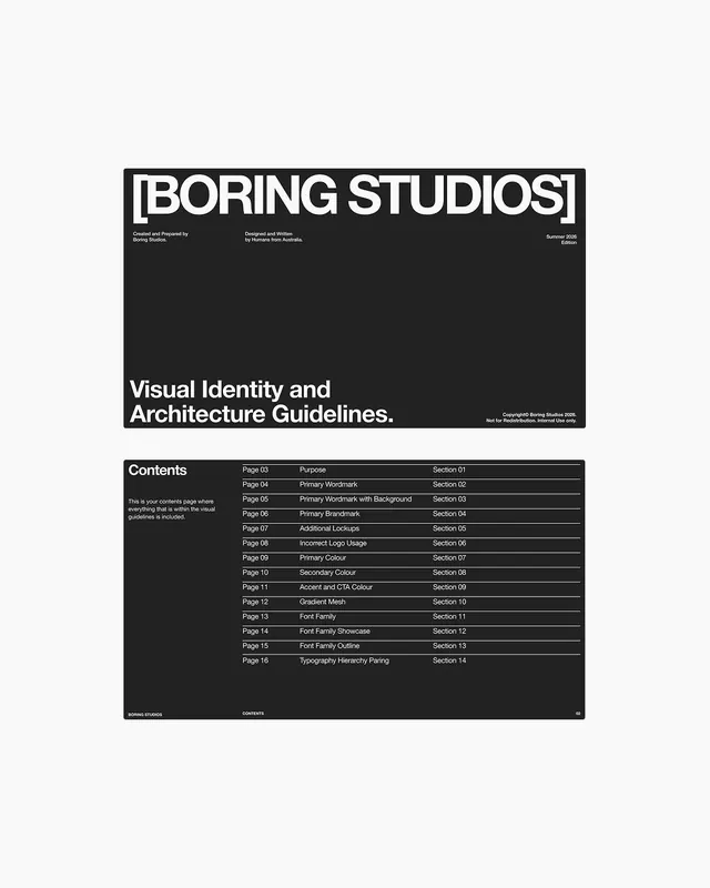 Boring Studios brand guidelines cover and contents, swiss, minimal, dark