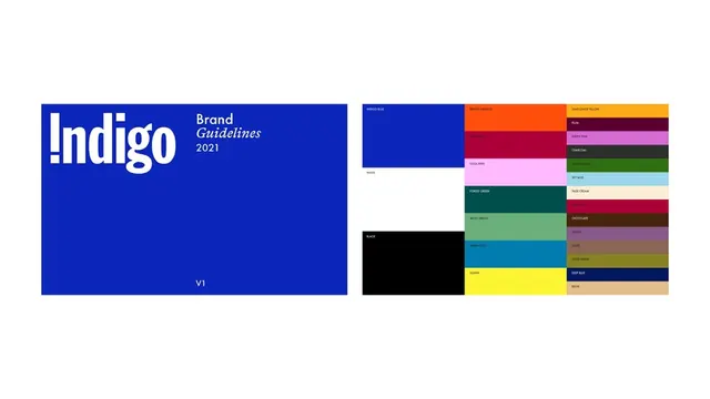 Indigo brand guidelines cover and color stack, corporate-clean, minimal, vibrant