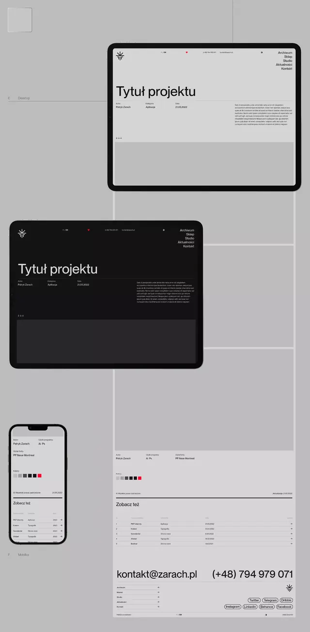 Studio portfolio case-study layout, desktop and mobile, swiss, minimal, light