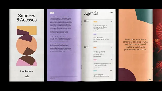 Sesc Saberes & Acessos event guide spreads, editorial, geometric, warm
