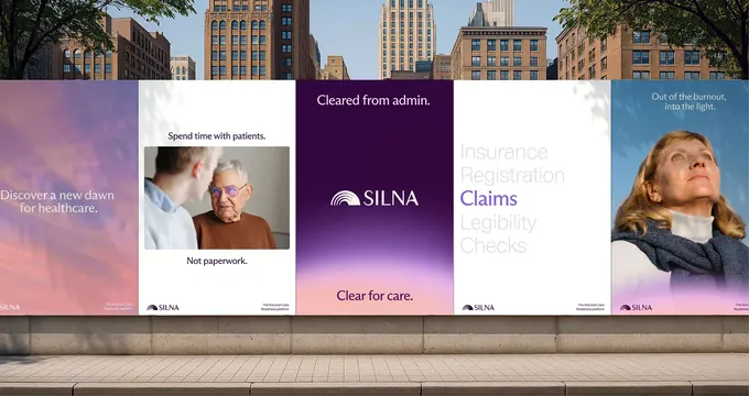 SILNA healthcare billboard campaign, corporate-clean, minimal, cool