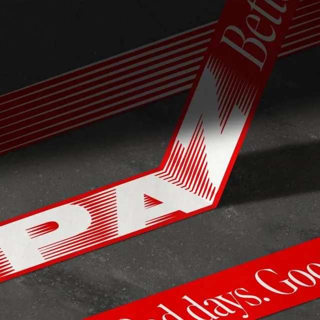 Red striped type folding across a concrete floor mockup, editorial, geometric, dark